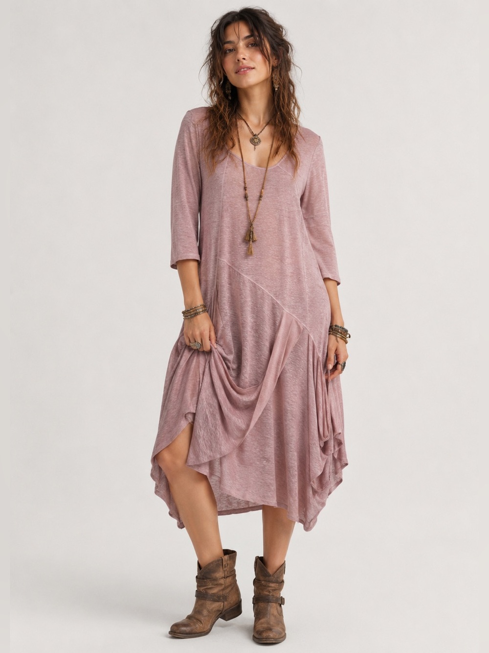 Lagenlook Linen Asymmetrical Patchwork Midi Dress Oversized Baby Pink Goblincore